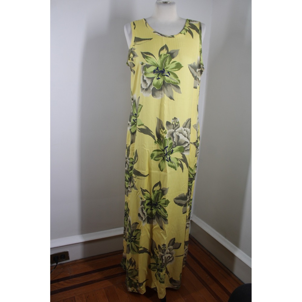 Vtg Y2k Tommy Bahama M Yellow Silk Floral Maxi Dress Sleeveless Herringbone Slit